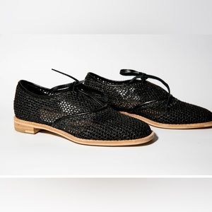 All Black Mesh Black Oxfords Leather Anthropologie Flats UK 39 NWOT 8.5